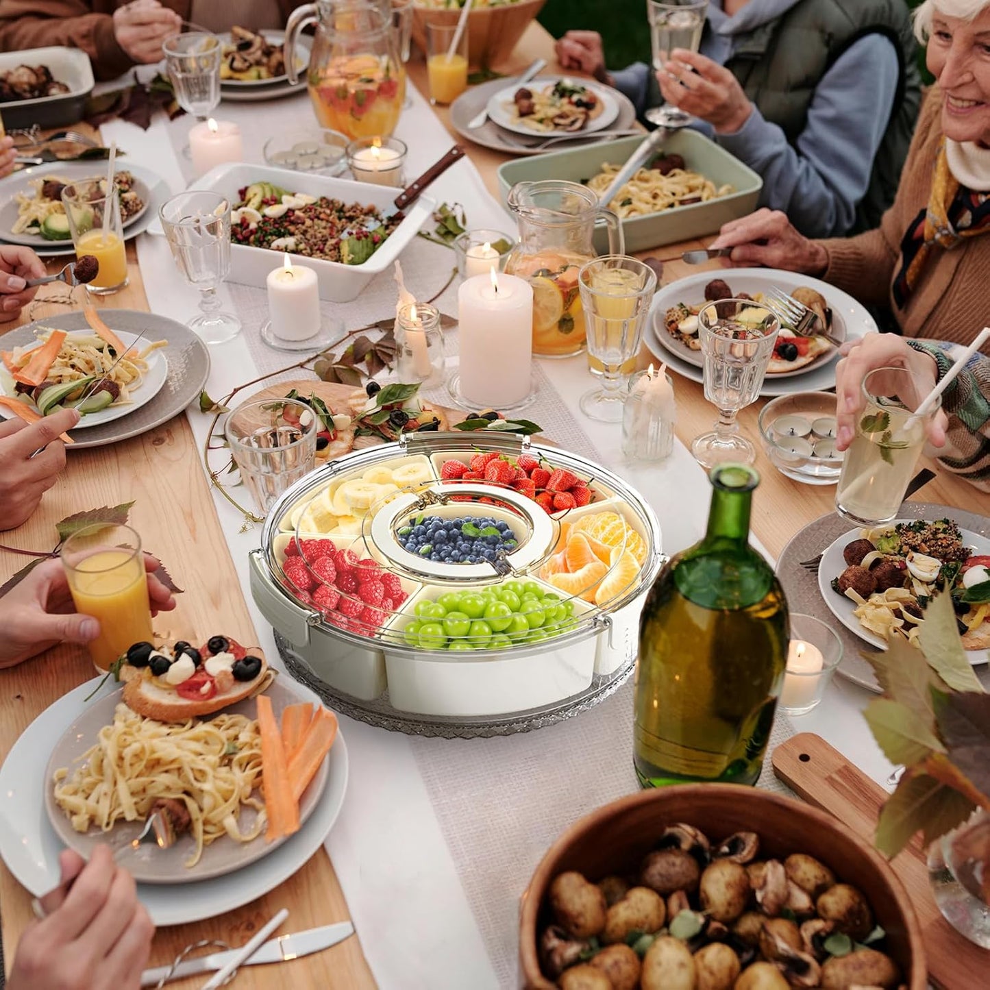 Divided Serving Tray with Lid and Handle, Stackable Snackle Box Container for Fruits Candy Organizer, Portable Spinning Rounded Veggie Tray for Kitchen, Party, Trave and Picnic-1 Pack