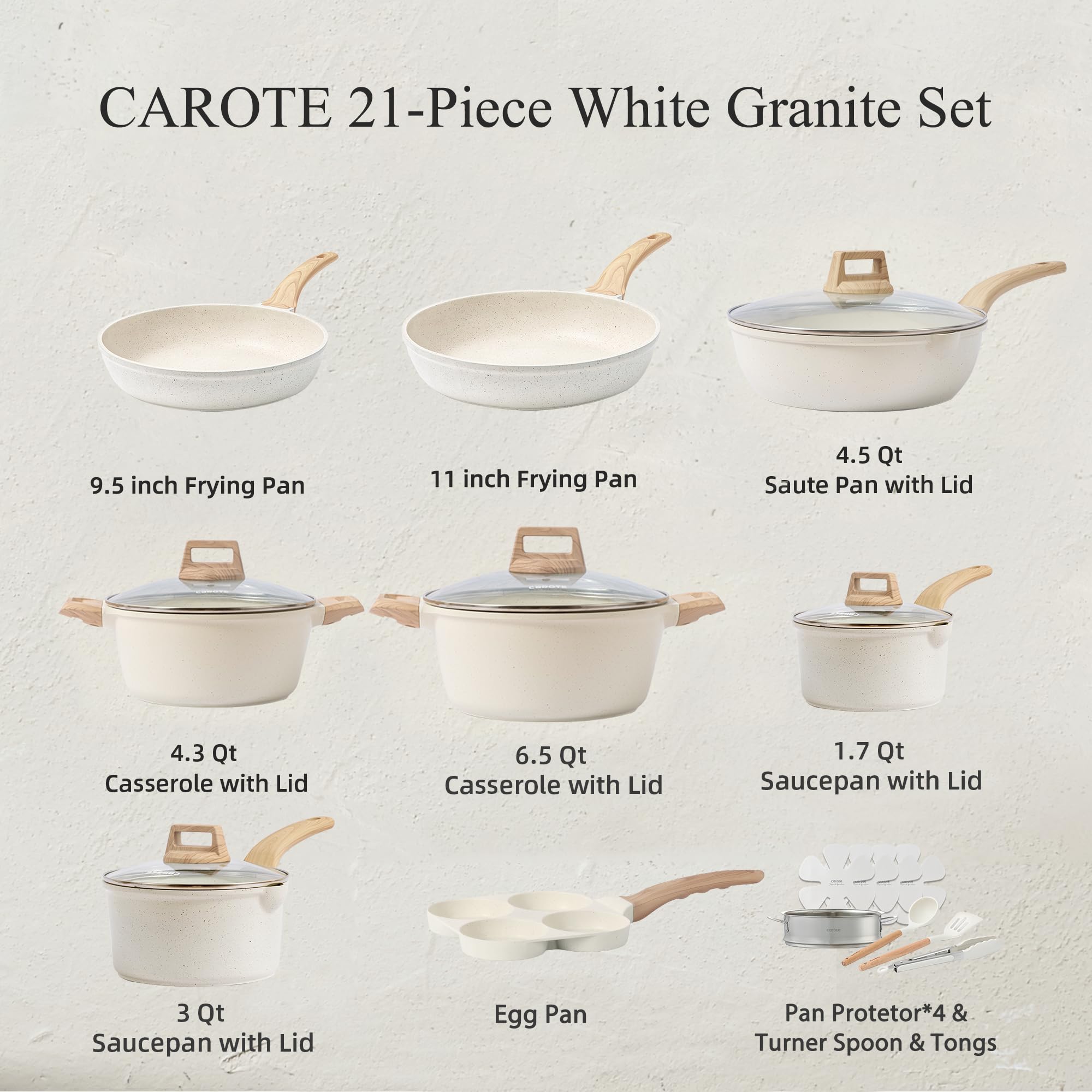 CAROTE 21Pcs Pots and Pans Set, Nonstick Cookware Sets, White Granite Induction Cookware Non Stick Cooking Set w/Frying Pans & Saucepans(PFOS, PFOA Free)