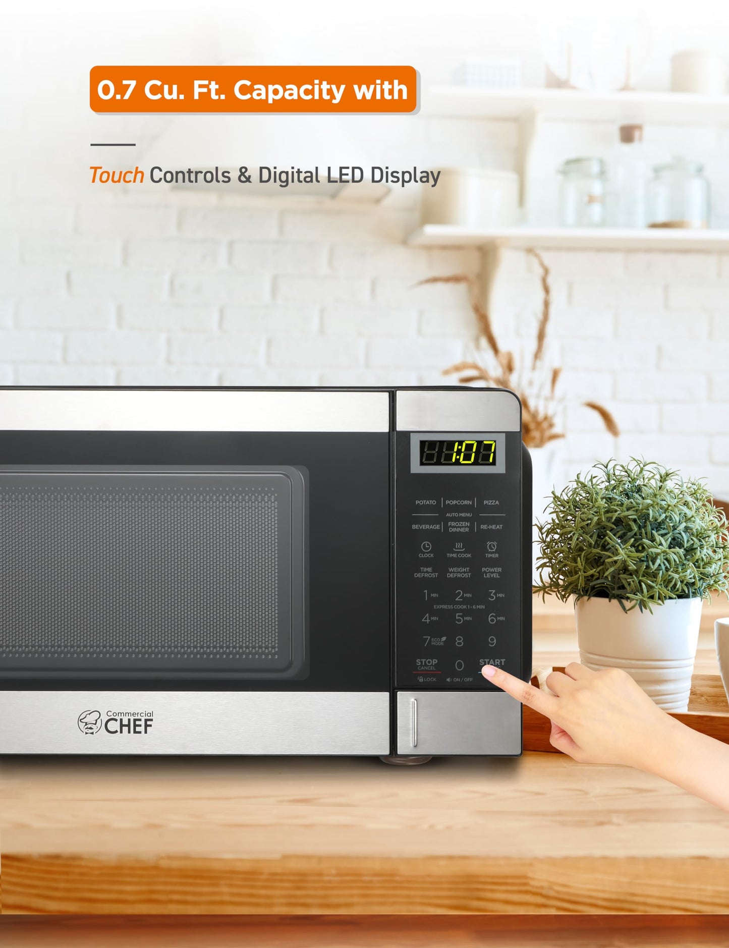 COMMERCIAL CHEF 0.7 Cubic Foot Microwave with 10 Power Levels, Small Microwave with Push Button, 700W Countertop Microwave up to 99 Minute Timer and Digital Display, Stainless Steel