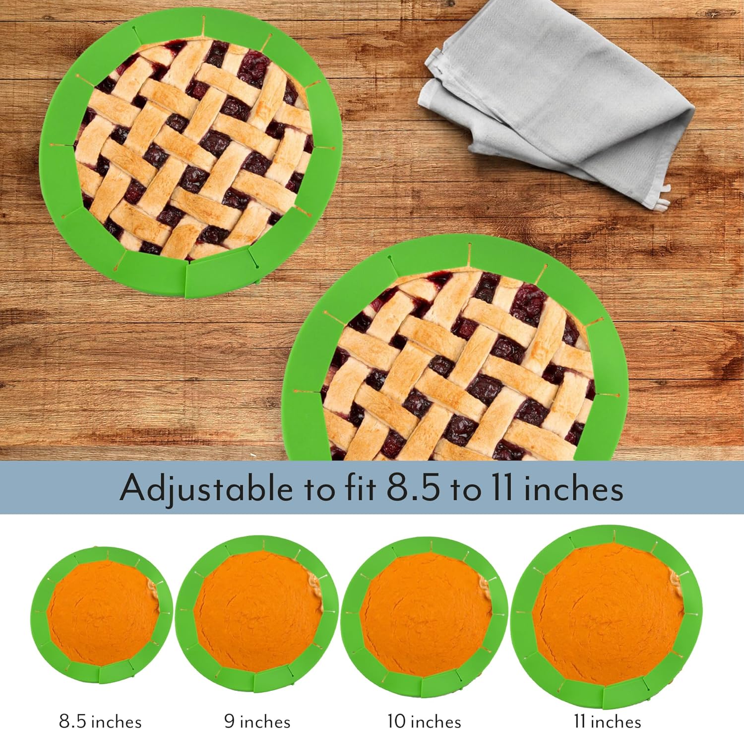Cornucopia Brands Silicone Pie Crust Shields (2-Pack), Adjustable Pie Protectors, Green