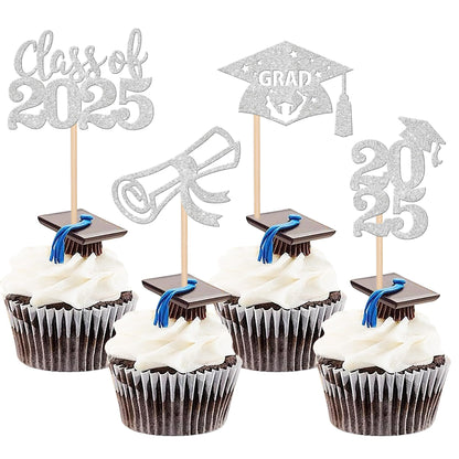 24 PCS 2025 Graduation Cupcake Toppers Glitter Diploma Congrats Grad Cap Cupcake Picks Class of 2025 Cake Decorations for 2025 Graduation Theme Party Supplies Pink