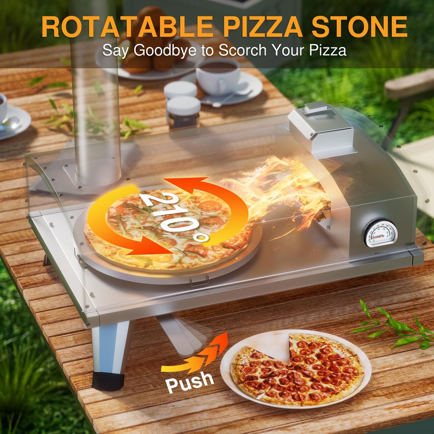 PolarcoForgeco Pizza Oven Outdoor Wood-Fired - 12 Inch Outdoor Pizza Oven with Rotatable Pizza Stone, Portable Stainless Steel Pellet Pizza Maker for Outside Backyard Camping - Silver