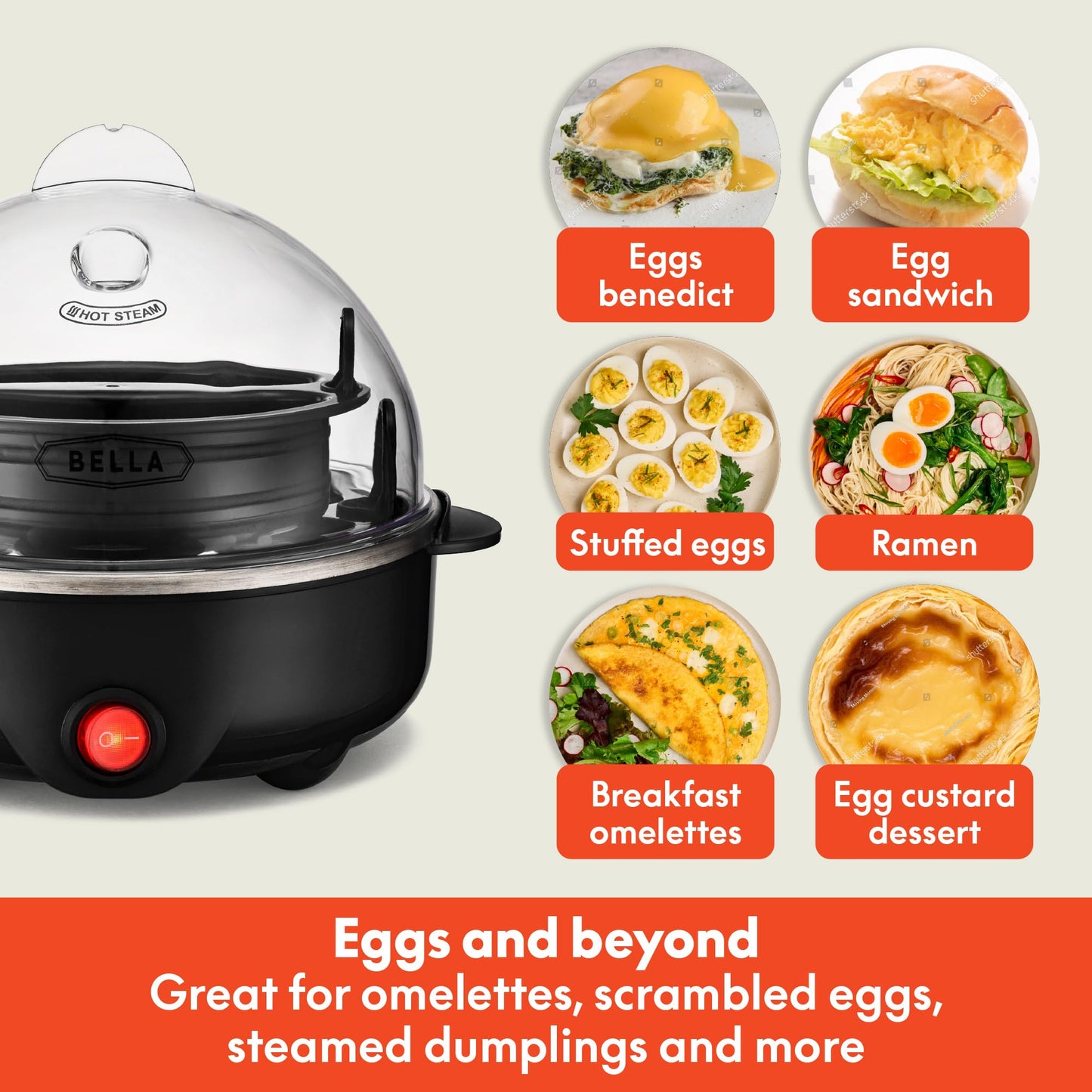 BELLA Rapid Electric Egg Cooker and Poacher with Auto Shut Off for Omelet, Soft, Medium and Hard Boiled Eggs - 7 Egg Capacity Tray (1 Pack) Black