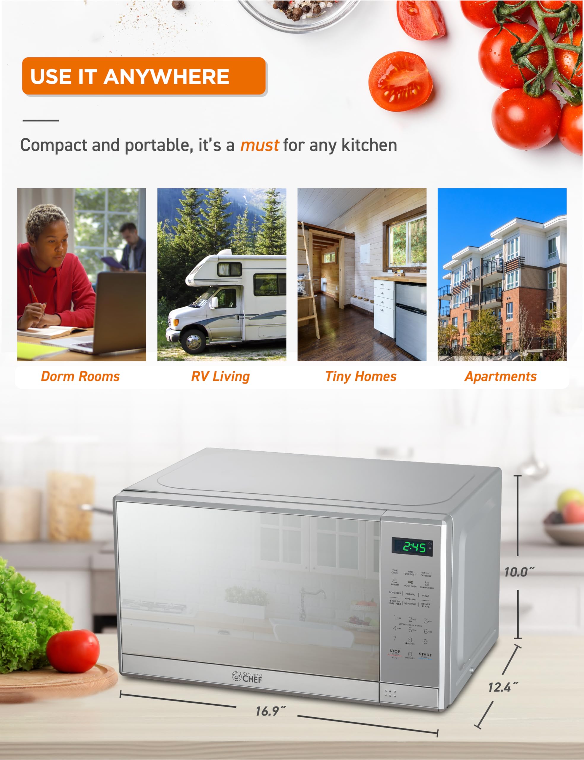 COMMERCIAL CHEF 0.7 Cu Ft Microwave with 10 Power Levels, 700W Microwave with Digital Display, Countertop Microwave with Child Safety Door Lock, Programmable with Push Button, Stainless Steel