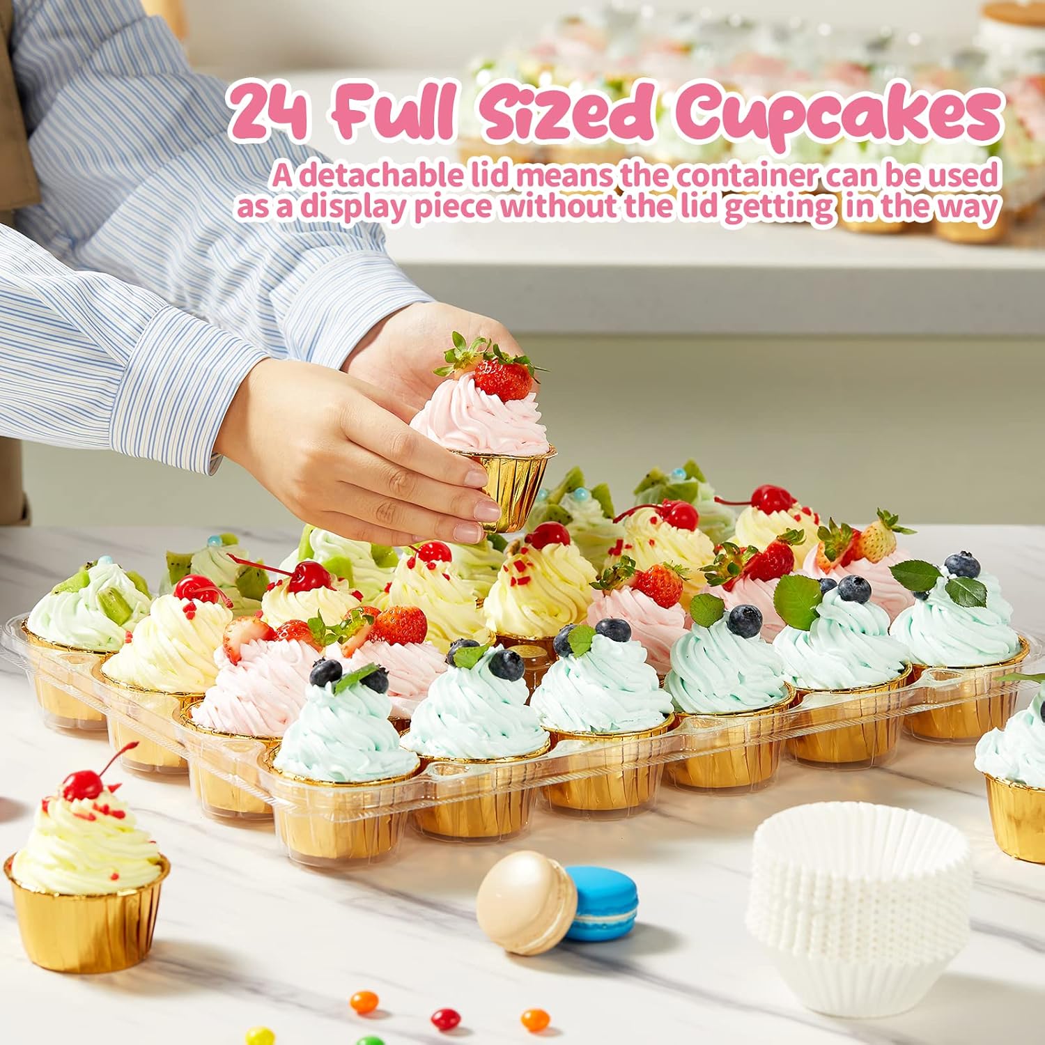 (24 Pack x 10 Sets) Stackable Cupcake Carrier Holders with 240 Pack Cupcake Liners, Plastic Cupcake Boxes Holders for 24 Cupcakes, High Tall Dome Lid Cupcake Containers, Clear Cupcake Trays