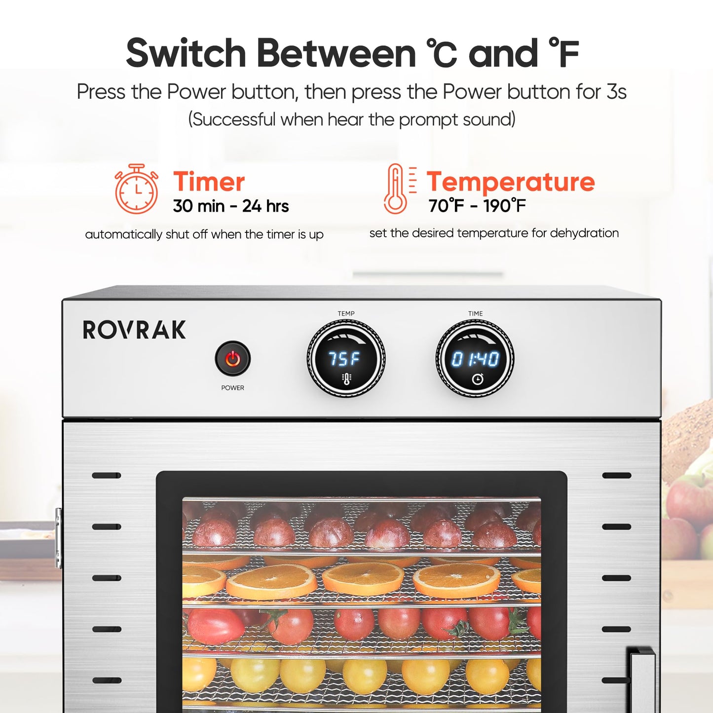 ROVRAk Food Dehydrator for Jerky, Fruit, Meat, Herbs, 12-Tray Stainless Steel Dehydrator Machine, Adjustable Timer, Temperature Control, Overheat Protection (67 Recipes)