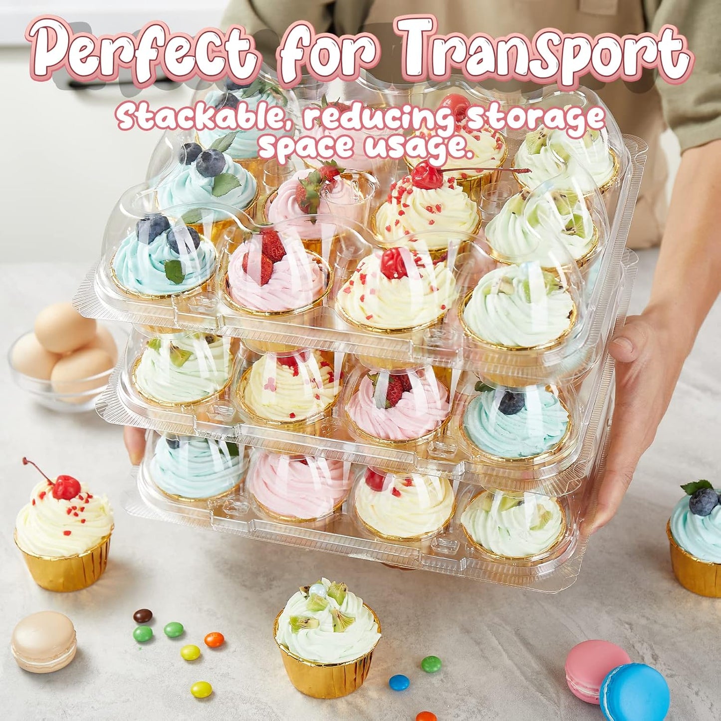 (12 Pack x 20 Sets) Stackable Cupcake Carrier with 240 Pack Liners, Plastic Cupcake Boxes Holders for 12 Cupcakes, High Tall Dome Lid Cupcake Containers, Clear Disposable Cupcake Trays