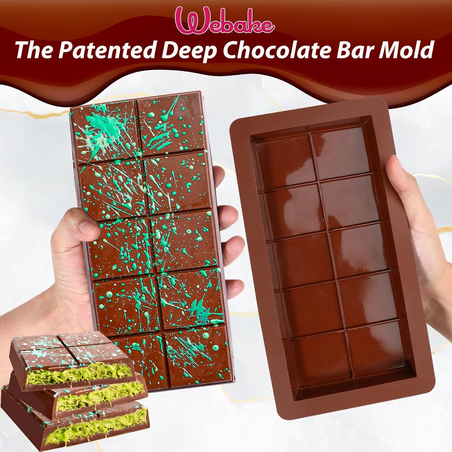 Webake Deep Chocolate Bar Molds 2 Pack, 1 Inch Deep Large and Thick Silicone Chocolate Bar Molds for Stuffed Bar, Big Chocolate Candy Bar Mold for Filling Knafeh Pistachio Chocolate Bar
