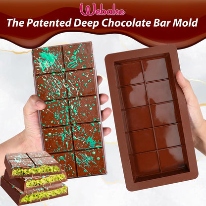 Webake Deep Chocolate Bar Molds 2 Pack, 1 Inch Deep Large and Thick Silicone Chocolate Bar Molds for Stuffed Bar, Big Chocolate Candy Bar Mold for Filling Knafeh Pistachio Chocolate Bar