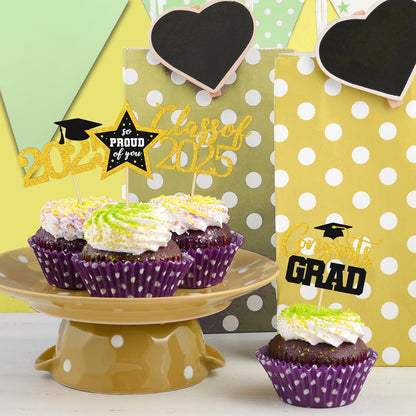48 PCS Graduation Cupcake Toppers 2025, 6 Style Black and Gold Graduation Cake Toppers, Glitter Design Class of 2025 Toppers Grad Cupcake Picks, Disposable 2025 Graduation Decorations