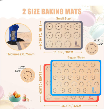 Silicone Baking Mat Macaron - Set of 3 (2 Half Sheet Liners and 1 Quarter Sheet), Non Stick Silicon Cookie Oven Liner For Macaroons, Bake Pans, Pizza, Toaster, Cake and Bread Making (Red,Blue,Gray)