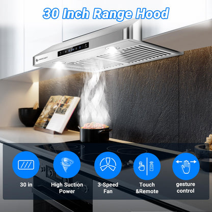 AMZCHEF Under Cabinet Range Hood 30 Inch, 700CFM Stainless Steel Kitchen Stove Vent Hood 3 Speed Exhaust Fan Touch/Remote/Gesture Control LED lights Time Setting Dishwasher-Safe Baffle Filters