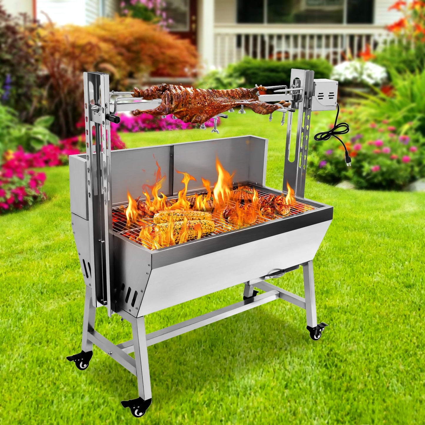 ZZZZS BBQ Rotisserie Grill Roaster Charcoal Roast Machine 132LBS Charcoal Bearing Lamb Spit Roaster Hog Roasting Machine for Outdoor Picnic Camping Height-Adjustable,with Baffle