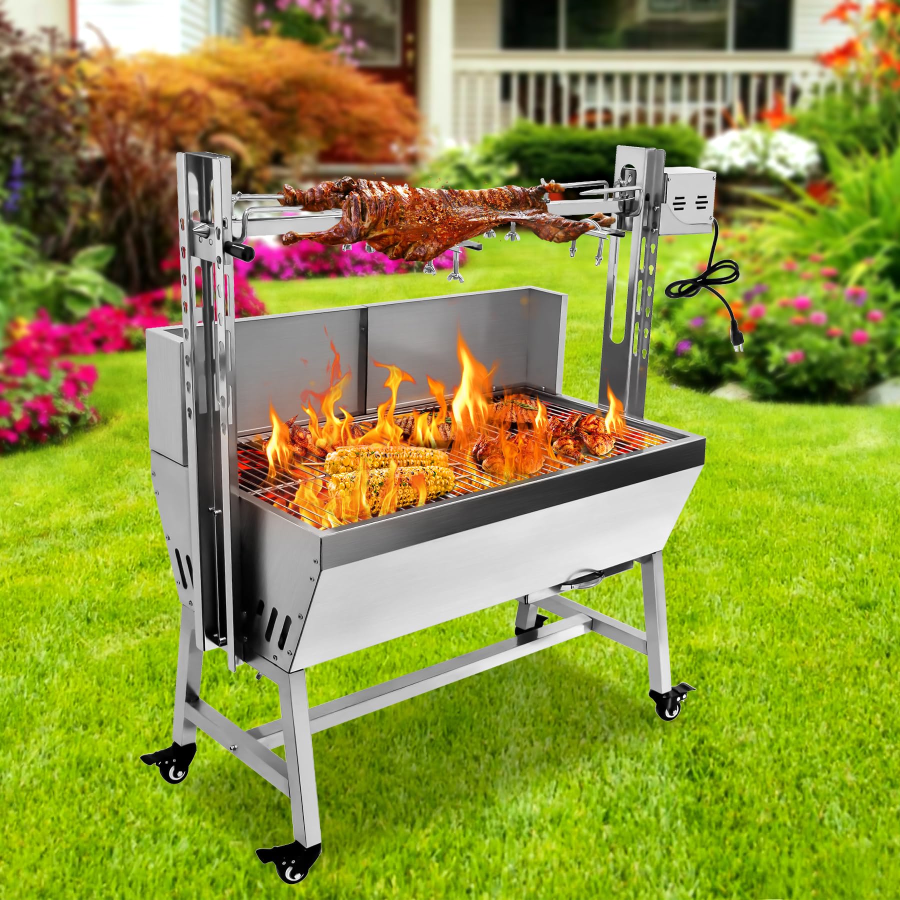 ЗЗЗЗС BBQ Гриль-ротель для смаження на вугіллі 132 фунти вугілля підшипник баранини рожна машина для смаження свиней для пікніка, кемпінгу на свіжому повітрі з регульованою висотою, з перегородкою