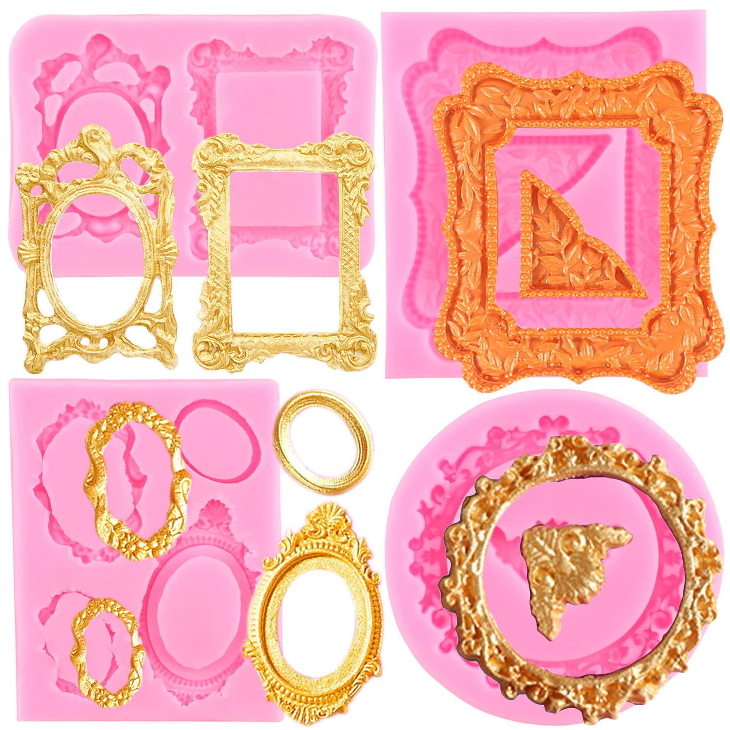 Mujiang Photo Frame Fondant Molds Picture Frames Silicone Mold Vintage Frame Molds For Cake Decorating Cupcake Topper Chocolate Candy Polymer Clay Set Of 4