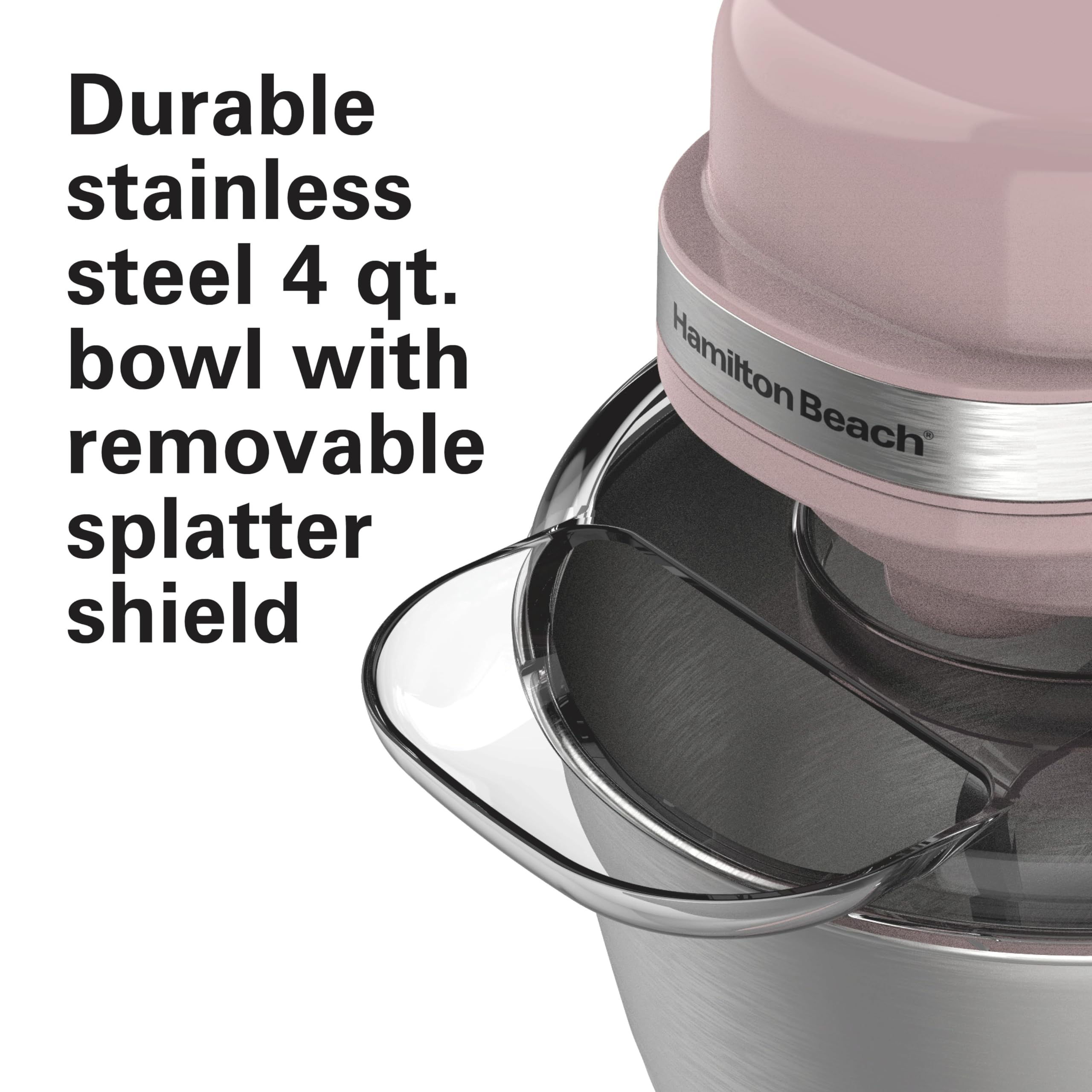 Hamilton Beach Electric Stand Mixer, 4 Quarts, Dough Hook, Flat Beater Attachments, Splash Guard 7 Speeds with Whisk, Rose