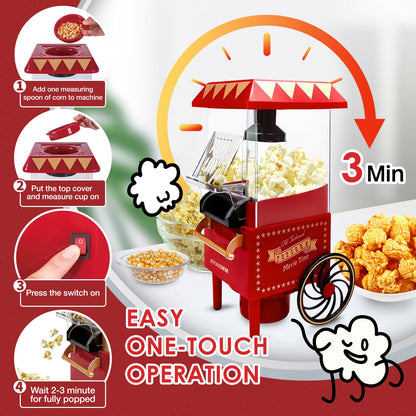 GVAKMM Popcorn Machine, Christmas Hot Air Popcorn Maker Kit Gift Box, Portable Home Popcorn Popper Machine, 10-Cup,Oil-Free,Retro Style,Compact and Cute