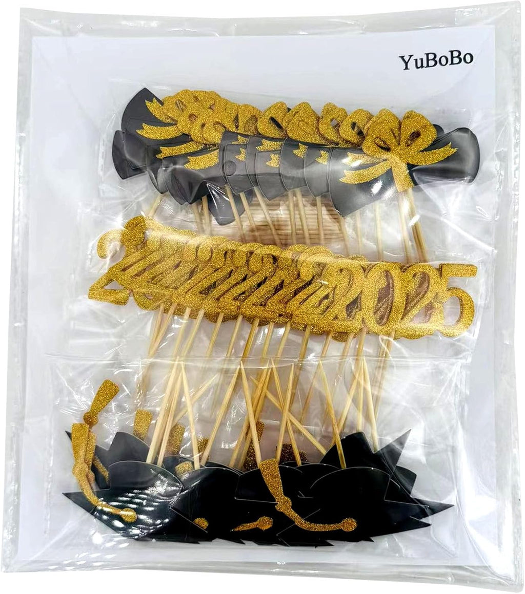 2025 Graduation Cupcake Toppers, 48 PCS Food/Appetizer Picks For Graduation Party Mini Cake Decorations, Diploma, 2025, Grad Cap Set 48 Pieces (01 Gold)