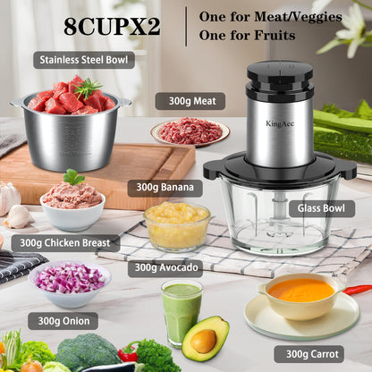 KingAcc Food Processor, 500W Powerful Electric Meat Grinder Chopper With 2 Bowls (8 Cup+8 Cup), 2 Sets Blades Mini Meat Mincer For home kitchen Use Vegetable,Garlic,Onion,Fruit,Baby Food