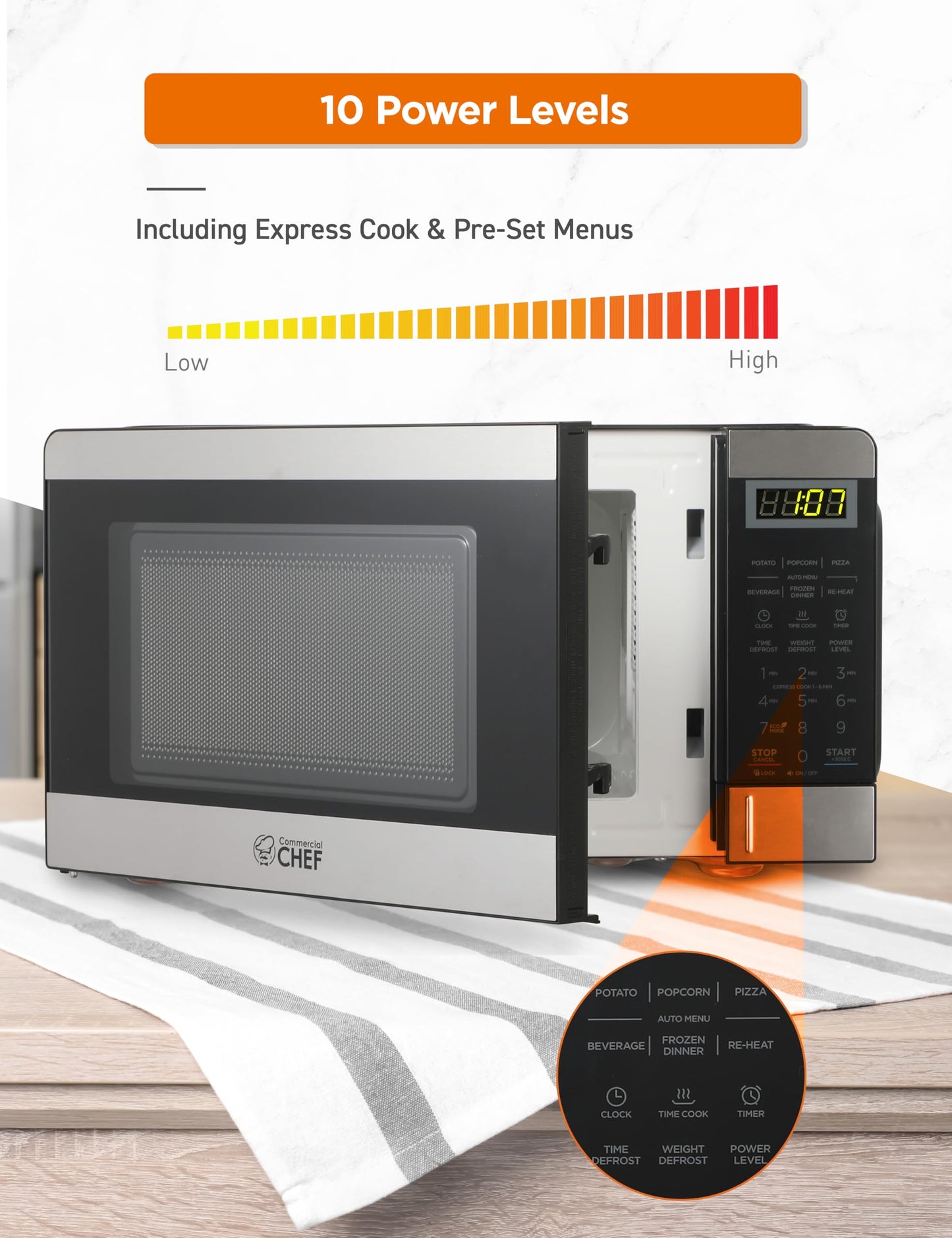 COMMERCIAL CHEF 0.7 Cubic Foot Microwave with 10 Power Levels, Small Microwave with Push Button, 700W Countertop Microwave up to 99 Minute Timer and Digital Display, Stainless Steel