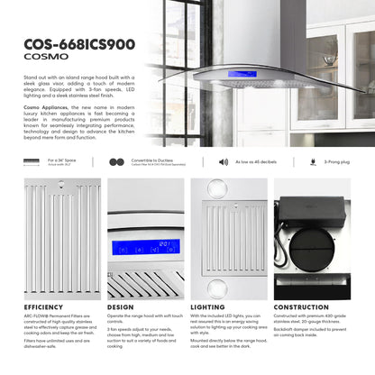 COSMO COS-668ICS900 36 in. Lumin Collection 380 CFM Ducted Island Range Hood, Soft Touch Controls, LED Lights, Stainless Steel