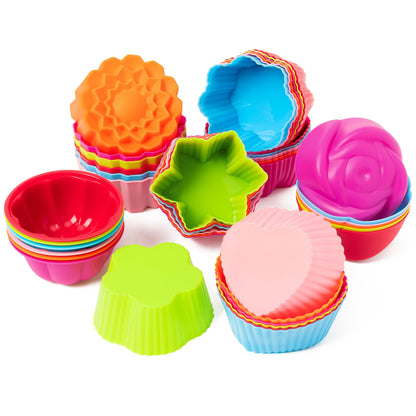 R HORSE 42Pcs Mini Size Silicone Molds, 2 x 0.8 inch Cupcake Multi Flower Shapes Baking Cups Non-Stick Donut Wrapper Mold Muffin Liners Washable for Pan Oven Microwave Dishwasher