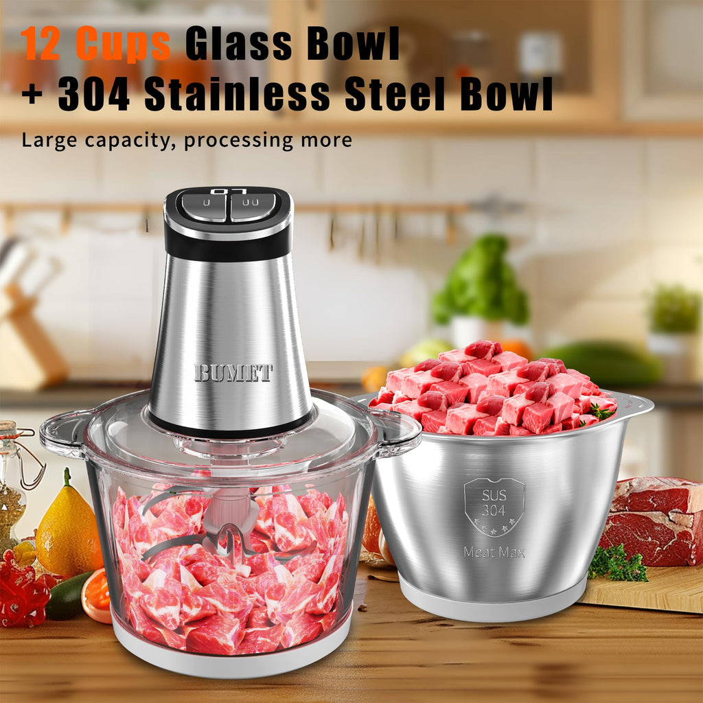 Electric Food Processor Meat Grinder 800W 2x12cups LED Timer Electric Food Chopper Vegetable chopper 3 layers 6 blades for Mincing Puree for home use kitchen aid for pet food,baby food by BUMET