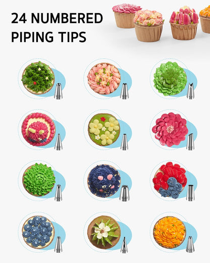 Syntus 65 PCs Cake Decorating Kit with Cake Stand Turntable, Cake Baking Supplies 30+1 Piping Bags, 24 Piping Tips, Offset & Straight Spatulas, 3 Scrapers, Leveler, 2 Couplers & 1 Tips Brush