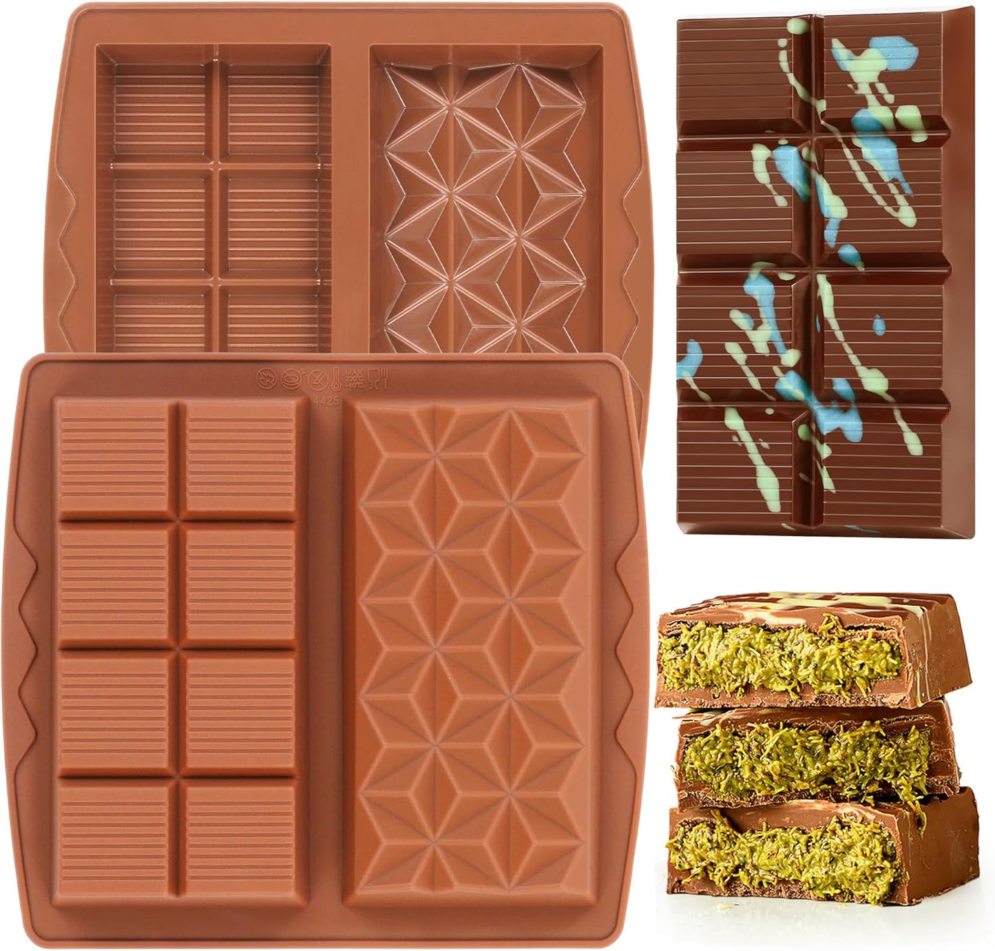 1 Inch Chocolate Bar Mold Deep Dubai Stuffed Chocolate Molds Silicone Large Break Apart Silicone Molds (Mix,2 Pcs）