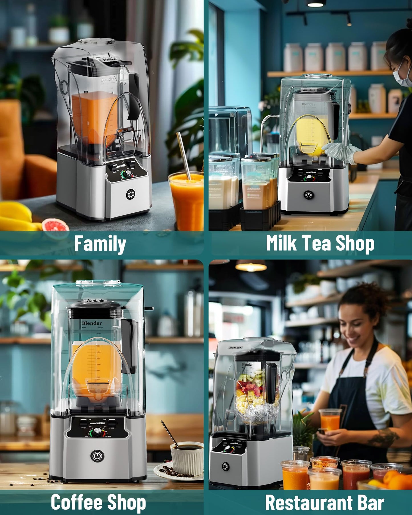 WantJoin Commercial Professional Blender With Shield Quiet Sound Enclosure 2200W Industries Strong and Quiet Professional-Grade Power, Self-Cleaning, Silver