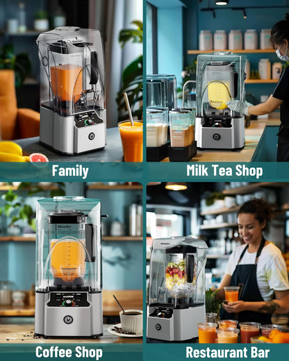 WantJoin Commercial Professional Blender With Shield Quiet Sound Enclosure 2200W Industries Strong and Quiet Professional-Grade Power, Self-Cleaning, Silver