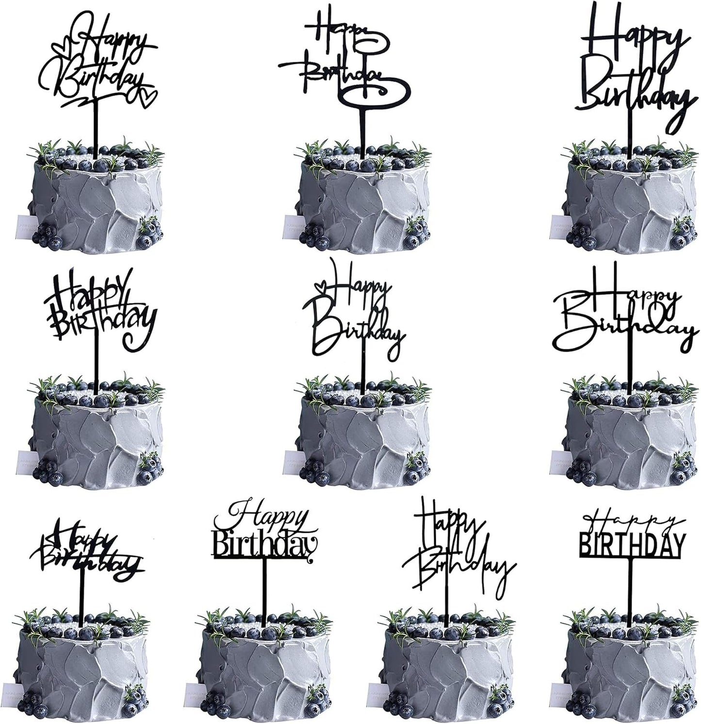 10 PCS Black Happy Birthday Cake Topper Acrylic Cupcake Topper A Series of Birthday Cake Supplies Decorations