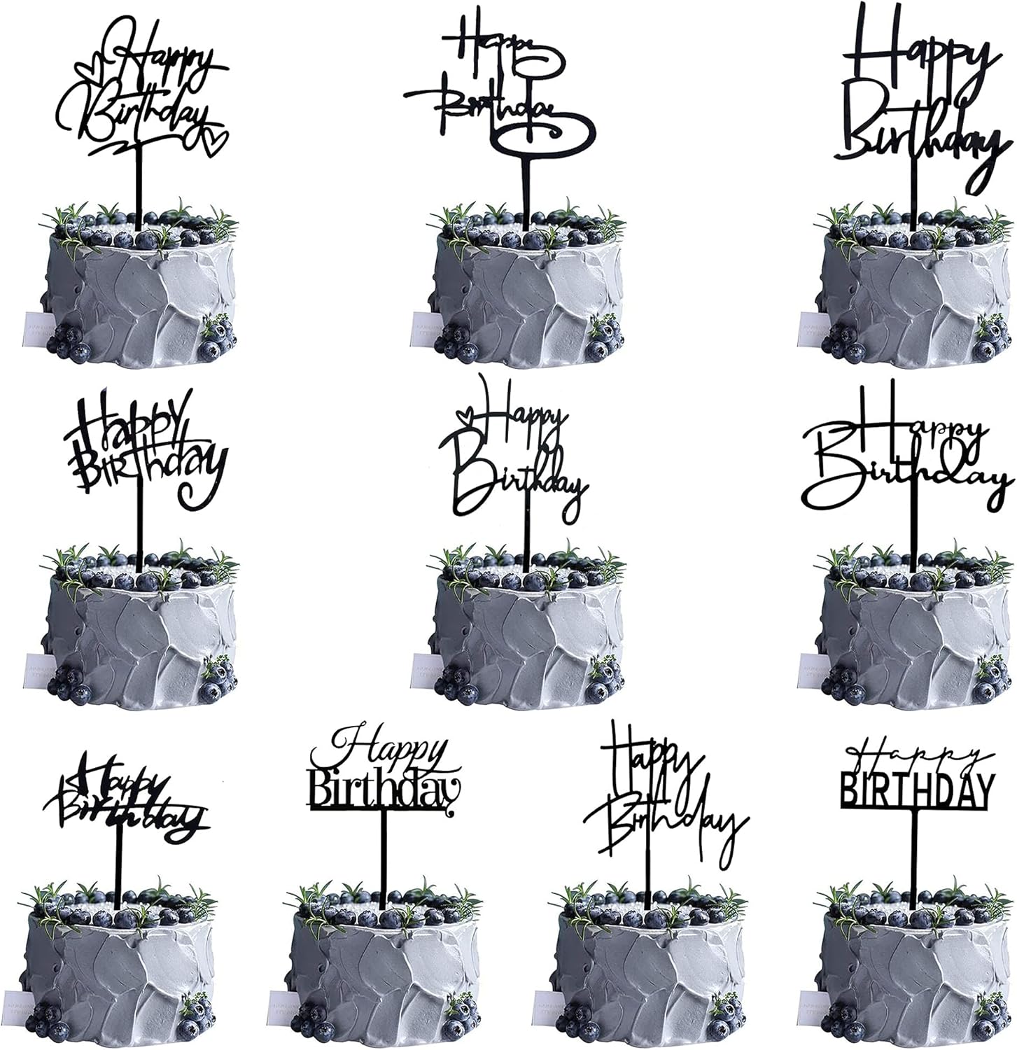 10 PCS Black Happy Birthday Cake Topper Acrylic Cupcake Topper A Series of Birthday Cake Supplies Decorations