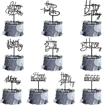 10 PCS Black Happy Birthday Cake Topper Acrylic Cupcake Topper A Series of Birthday Cake Supplies Decorations