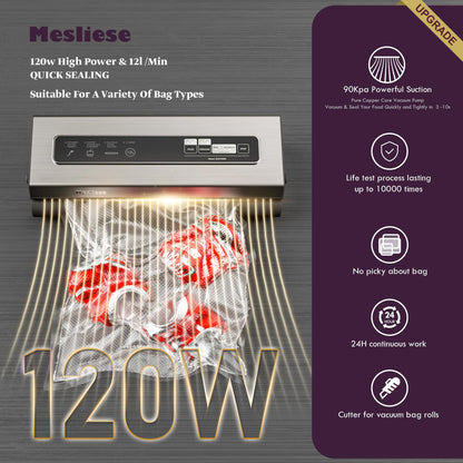 Mesliese Vacuum Sealer Machine Powerful 90Kpa Precision 6-in-1 Compact Food Preservation System with Cutter, 2 Bag Rolls & 5 Pre-cut Bags, Widened 12mm Sealing Strip, Dry&Moist Modes (Silver)