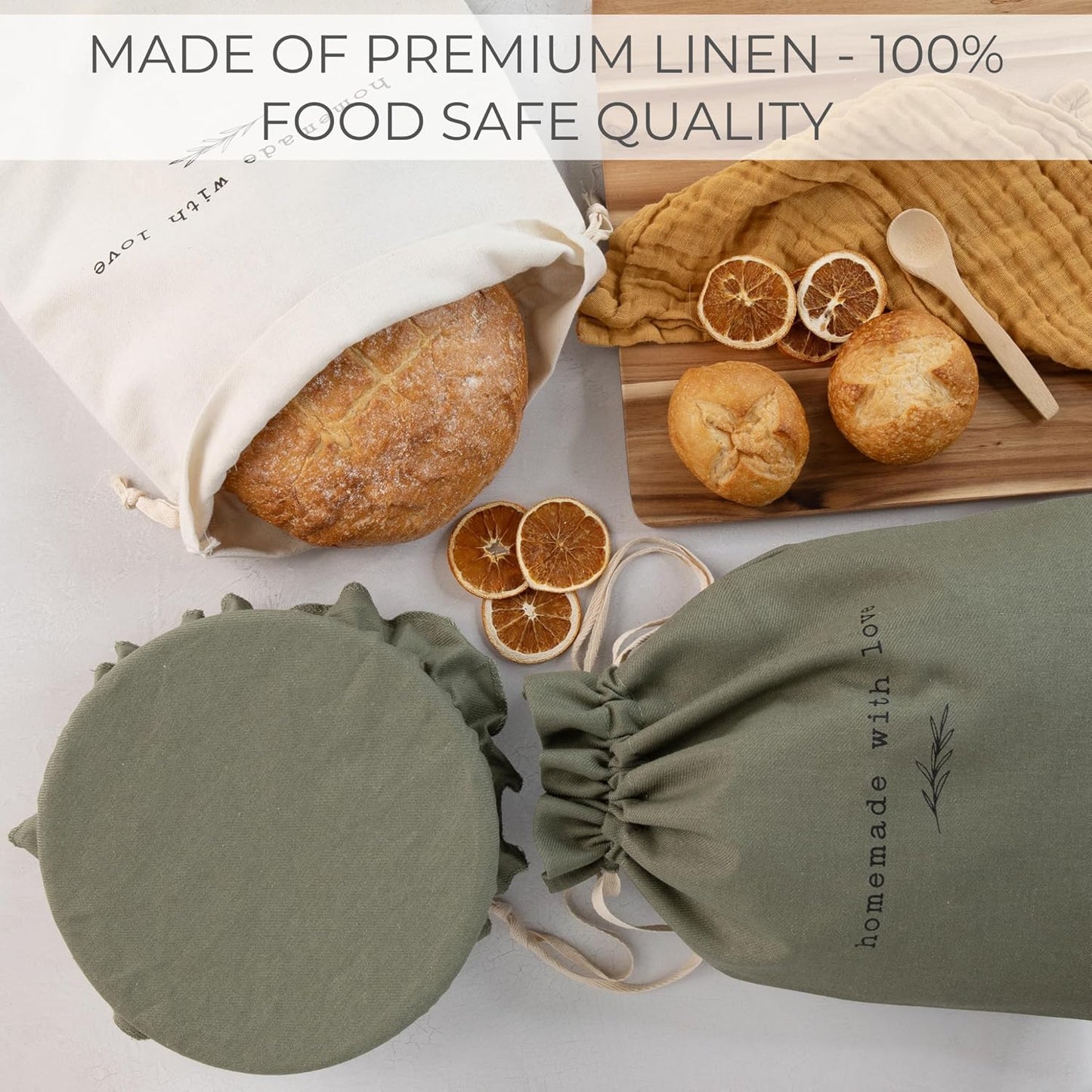 Beautiful Linen Bread Bag Set and Proofing Cover For Homemade Sourdough Bread - Keeps Your Loaf Fresh for Days - Reusable and Easy to Clean Storage Bag, The Perfect Baking Accessories