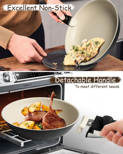 Nonstick Pots and Pans Set, Ceramic Cookware with Detachable Handle, Space-Saving Design, Black Cookware Set with Collapsible Dish Basin, Bento Box, Peeler, and More, Oven Safe