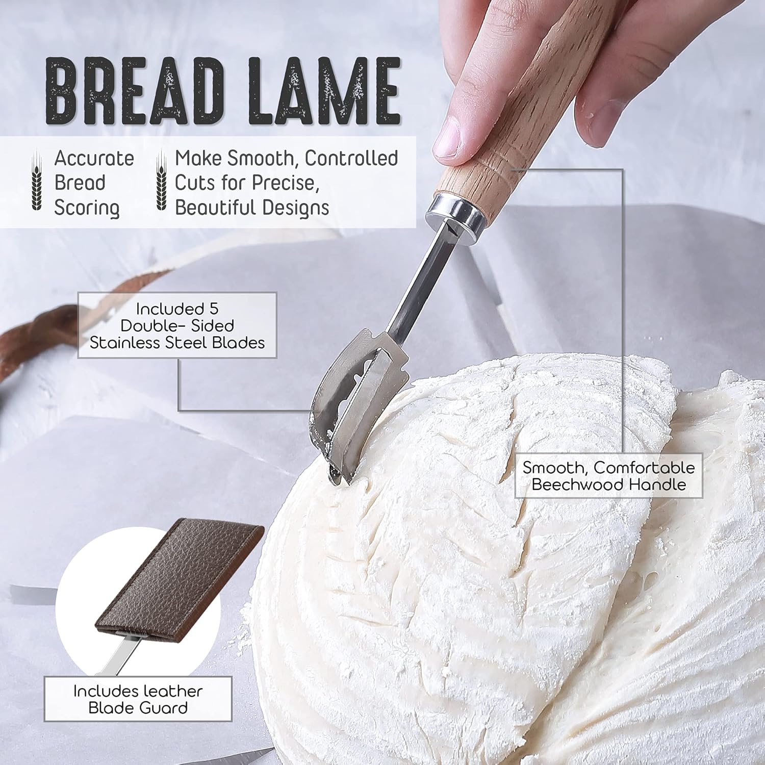 LHU Bread Making Tools and Supplies - Set of 3 - Danish Dough Whisk, Bread Lame, Bench Scraper - Dough Hook with Bread Scraper, Lame Bread Tool, Blades - Great for Baking Sourdough, Pizza, Pastry