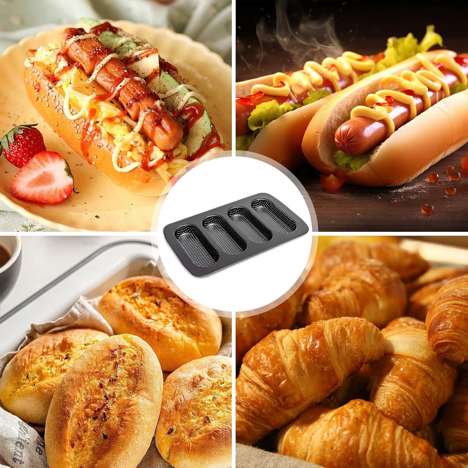Mini Baguette Tray, Perforated French Stick Loaf Baking Molds Pan, Non-Stick Hot Dog Bun Baking Tray, Mini Sandwich Mold, for Crispy Loaves & Rolls, 13.6 x 8.4 x 1.1 inch