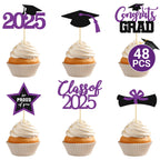 48 PCS Graduation Cupcake Toppers 2025, 6 Style Black and Gold Graduation Cake Toppers, Glitter Design Class of 2025 Toppers Grad Cupcake Picks, Disposable 2025 Graduation Decorations