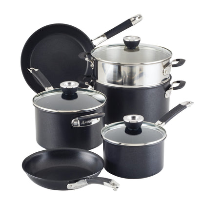 Anolon SmartStack Hard Anodized Nonstick Induction Nesting Cookware/Pots and Pans Set, Dishwasher Safe, 9 Piece - Black