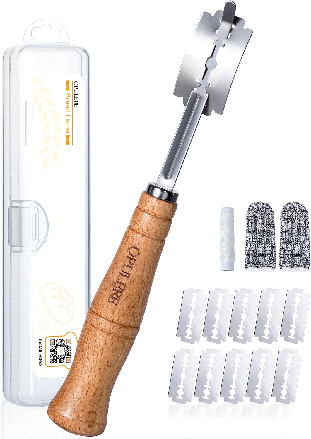 Bread Lame Dough Scoring Tool with Storage box, Pre Installed Blade Open Ready to Use, Included 10 Blades, Pattern Marking String, Cut Proof Finger Cots,Wood Handle with Magnetic, for Sourdough Baking