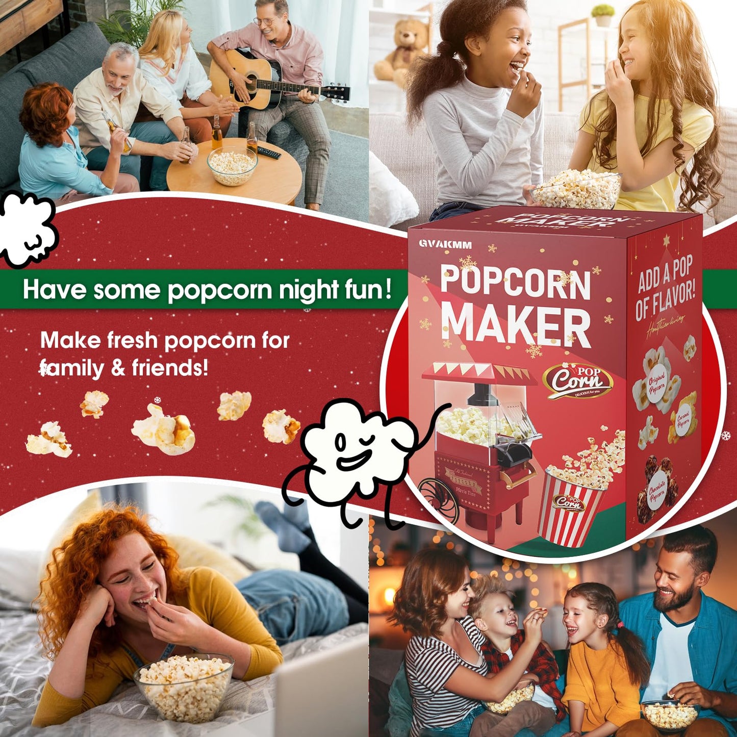 GVAKMM Popcorn Machine, Christmas Hot Air Popcorn Maker Kit Gift Box, Portable Home Popcorn Popper Machine, 10-Cup,Oil-Free,Retro Style,Compact and Cute