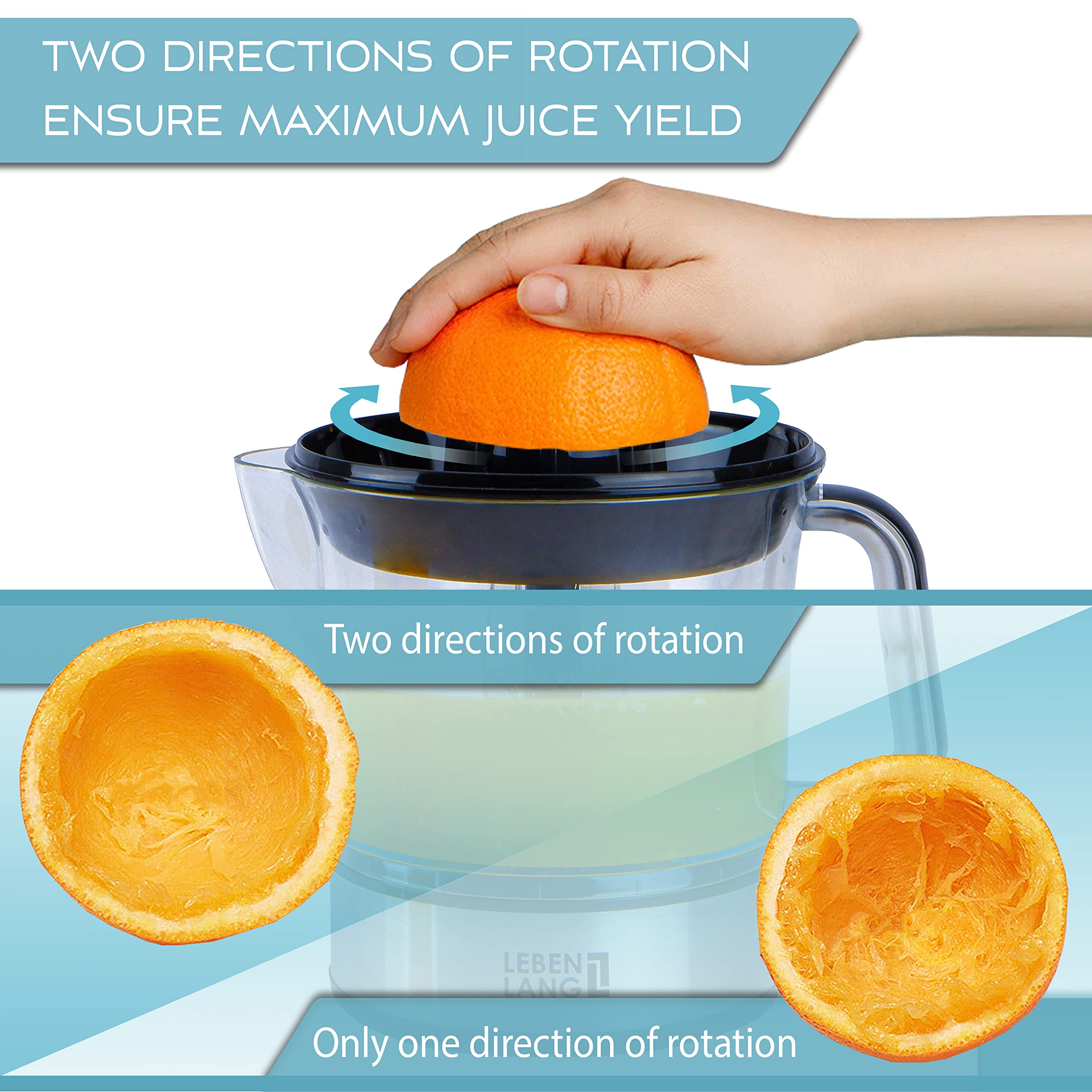LEBENLANG – Electric juicer max juice yield | Citrus juicer + 2 cones 40W | Lemon, lime, orange, fresh fruit squeezer machine | Automatic lever press extractor | exprimidor de naranjas electrico