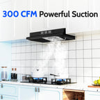 FIREGAS Black Range Hood 24 inch, 300CFM Ducted/Ductless Convertible Under Cabinet Kitchen Hood in Black Painted Stainless Steel with 2 watt LED Light and Filter, 2 fan speeds