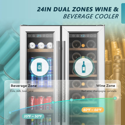 EUHOMY Wine and Beverage Refrigerator, 24 Inch Dual Zone Wine Cooler with Glass Door Hold 21 Bottles and 88 Cans, Built in or Under Counter Wine Fridge with Blue LED Light