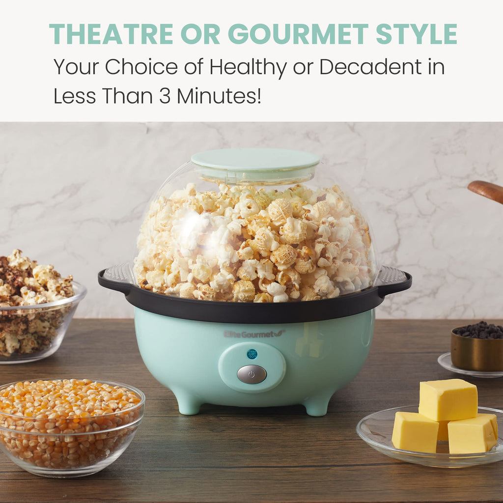 Elite Gourmet EPM330M Automatyczna maszyna do popcornu, mieszająca, 12-kubkowa, maszyna do popcornu na gorący olej z miarką i wbudowaną odwracalną miską do serwowania, idealna na domowe przyjęcia dla dzieci, zatwierdzona przez ETL, mięta