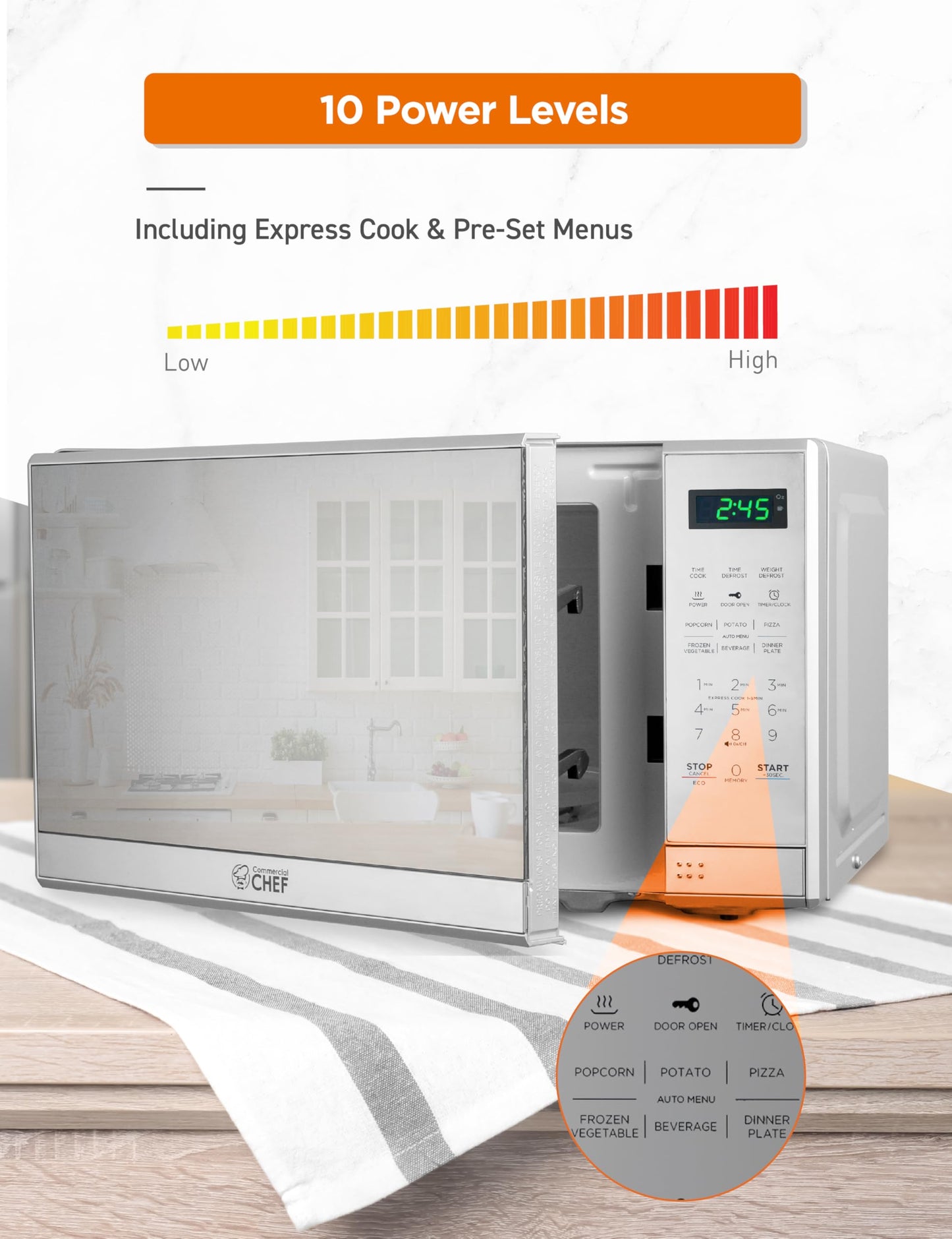 COMMERCIAL CHEF 0,7 Cu Ft Mikrofalówka z 10 Poziomami Mocy, 700 W Mikrofalówka z Wyświetlaczem Cyfrowym, Kuchenka Mikrofalowa Blatowa z Blokadą Drzwi Bezpieczeństwa Dziecięcego, Programowalna Przyciskiem, Stal Nierdzewna