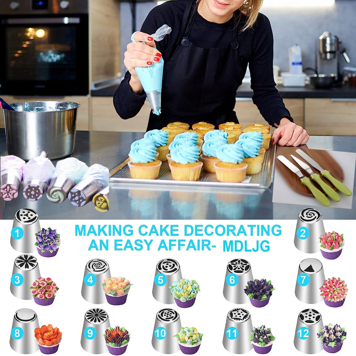 28 Pcs Russian Piping Tips Set, Frosting Nozzle Kit, Baking Supplies for Cookie Cupcake (12 Icing Tips 10 Pastry Baking Bags 2 Leaf Piping Tips 2 Couplers 1 Silicone Bag 1 cleaning brush)