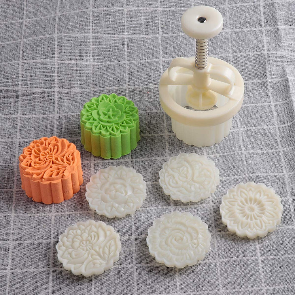 Moon Cake Mold Chinese Mid-autumn Festival Cookie Stamp Set, Thickness Adjustable 50g 6 Stamps Mooncake Shortbread Press DIY Decoration Hand Cutter Cake Polvoron Mold